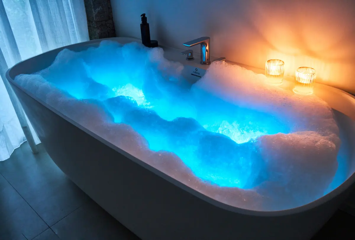 Camboriú Air Therapy com espuma e iluminação azul em ambiente à luz de velas