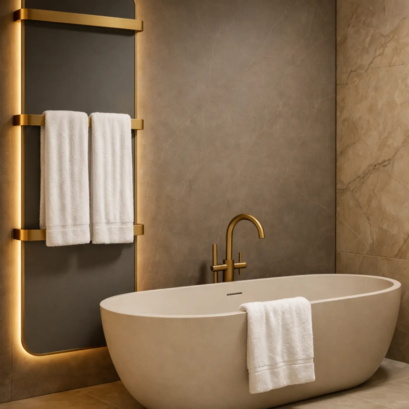 Banheiro de alto padrão com toalheiro aquecido em acabamento dourado e iluminação integrada