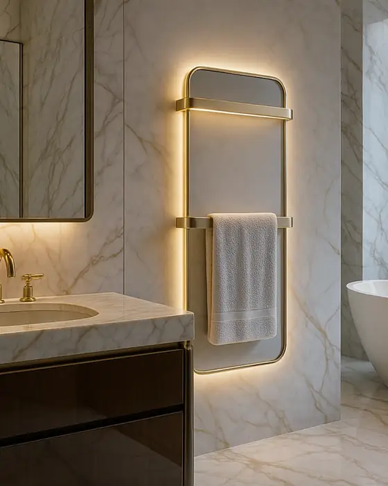 Toalheiro aquecido de alto design com iluminação LED integrada em banheiro de mármore