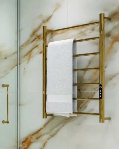 Toalheiro aquecido de parede em acabamento dourado com painel de controle digital