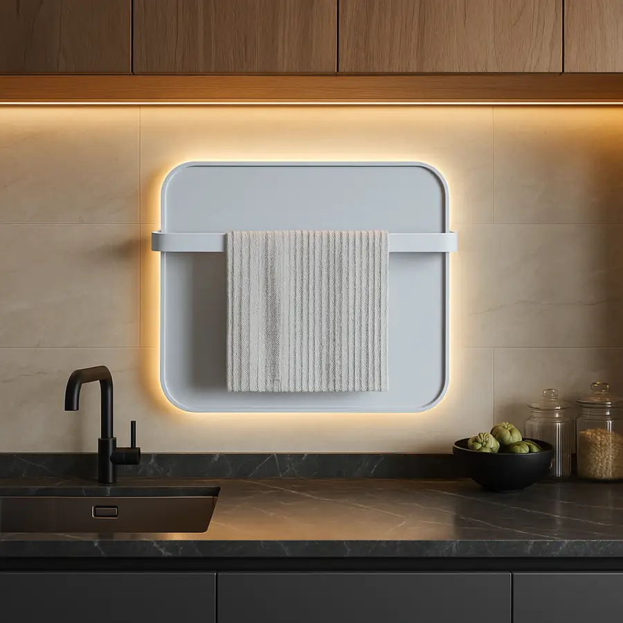 Toalheiro aquecido inteligente com iluminação LED integrada em ambiente contemporâneo